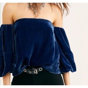 MARE MARE Piera Blue Velvet Off The Shoulder Blouse Top Puff Sleeves Small Crop